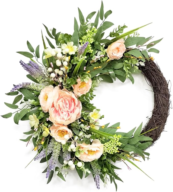 24 Inch Spring Wreath for Front Door, Grapevine Half Greenery Wreaths with Pink Peony Lavender Flowers & Eucalyptus Olive Leaves for Farmhouse Decor Porch Wall Indoor Outdoor Decoration