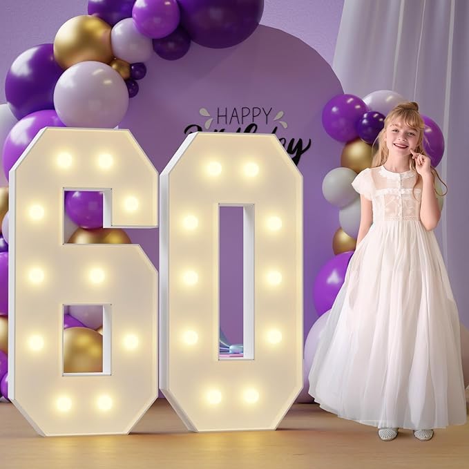 Marquee Numbers 60th-Birthday Large Decorations: 4ft Light Up Numbers 60 Birthday Sign for Boy Girl Sixty Year Old Anniversary Mosaic Party Decor Backdrop Big Foam Board Number 60