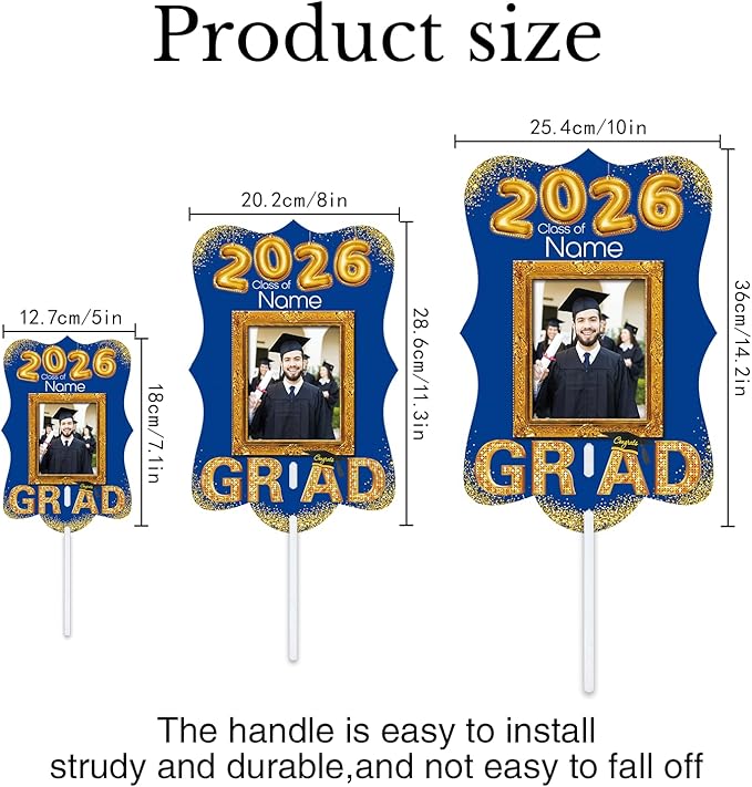 Personalized Graduation Double Sided Face Fan Class of 2026 Customized Graduation Head Face Cutout with Handle Fun Photo Prop Supplies(A-Blue and Gold,12pcs)