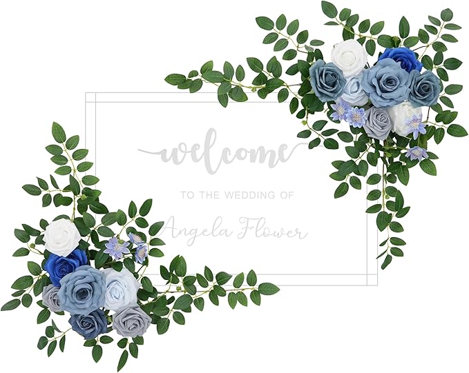 2pcs Blue & Grey Deluxe Welcome Sign Artificial Flowers Wedding Backdrop Garland Hanging Floral Arrangements for Ceremony Reception Entryway Board Sweetheart Table