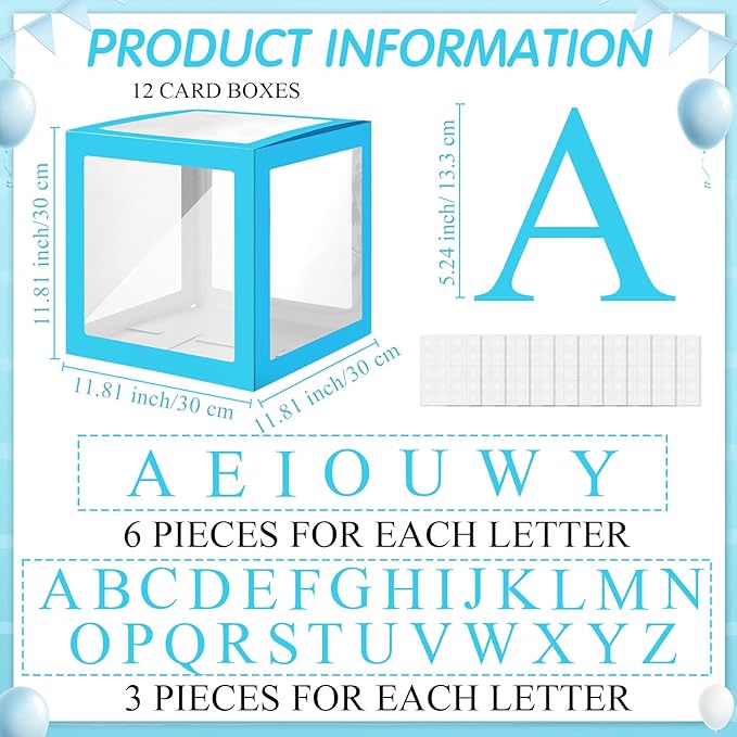 Thyle 12 Pcs Transparent Balloon Boxes Clear Balloon Boxes with 99 Letters for Baby Shower Gender Reveal Grad Birthday Party Bridal Wedding Anniversary Backdrop Decoration (Blue)