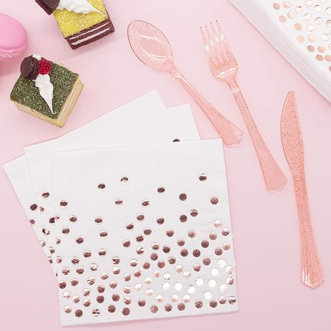 White & Rose Gold Party Supplies, 350PCS Disposable Dinnerware Set with Plates Napkins Cups Forks Knives Spoons for Girl Women Birthday Baby Bridal Shower Graduation Wedding Party Decoration