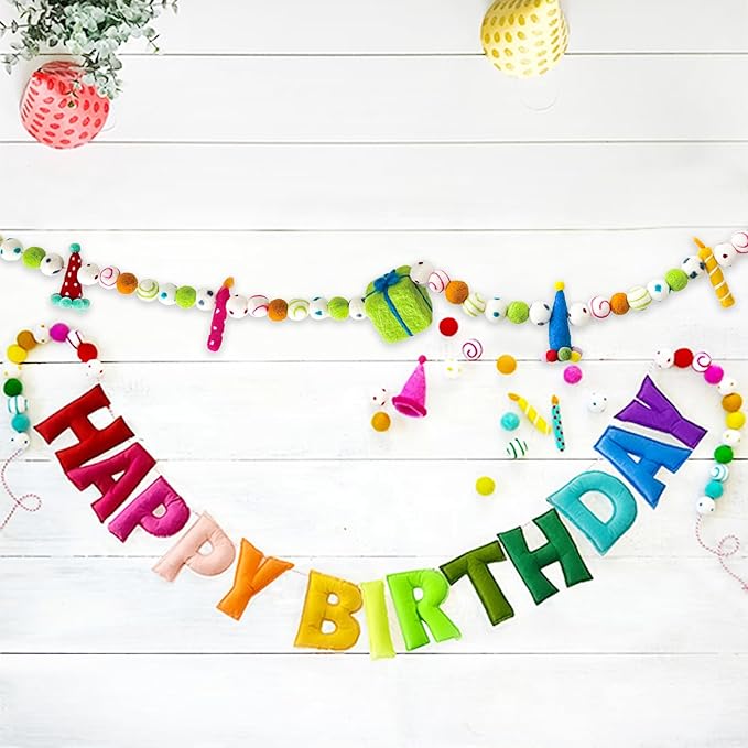 2 PCS Pre-Strung Happy Birthday Banner, Rainbow Party Decorations, HAPPY BIRTHDAY Felt Ball Garland, Personalized Birthday Sign for Birthday Decor, Party Supplies, Photo Prop, Decoración De Cumpleaños