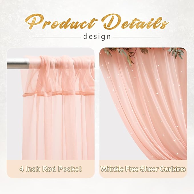 20x10ft Peach Tulle Backdrop Curtain with Lights String for Parites, Sheer Photo Backdrop Curtains with Lights for Wedding Backdrop Ceremony Reception Bridal Shower Baby Shower Birthday Party