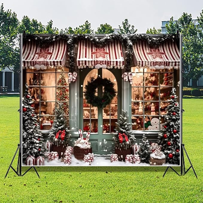 Leowefowa 10x6.5ft Christmas Photo Backdrop Candy Shop Winter Snowing Background Winter Vintage Window Merry Xmas Tree Baby Festival Family Decor Party Banner Photo Supplies Prop