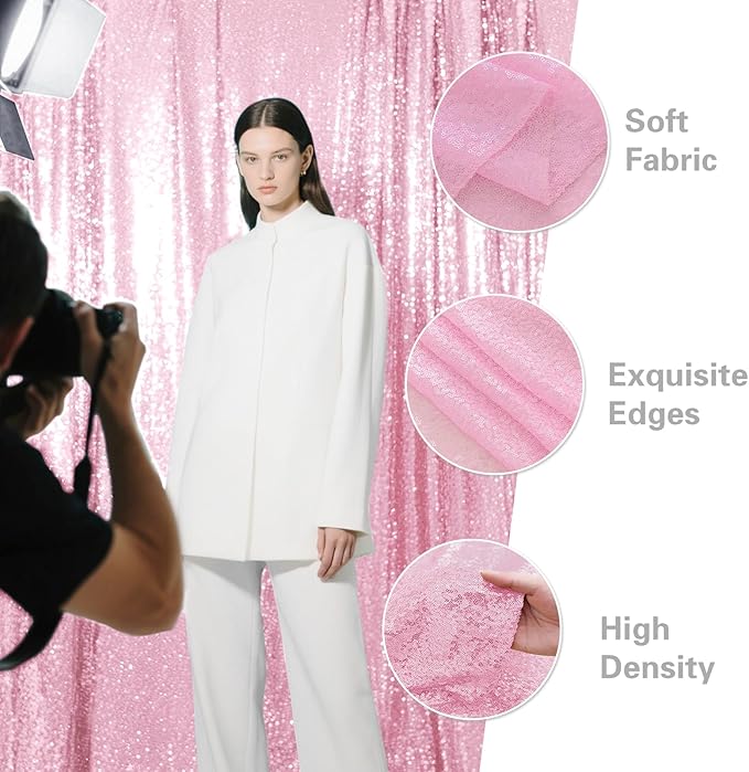 Matte Pink Sequin Backdrop Curtain 4 Pieces 2FTx8FT Glitter Photography Backdrop for Party Wedding Birthday Christmas Decorations