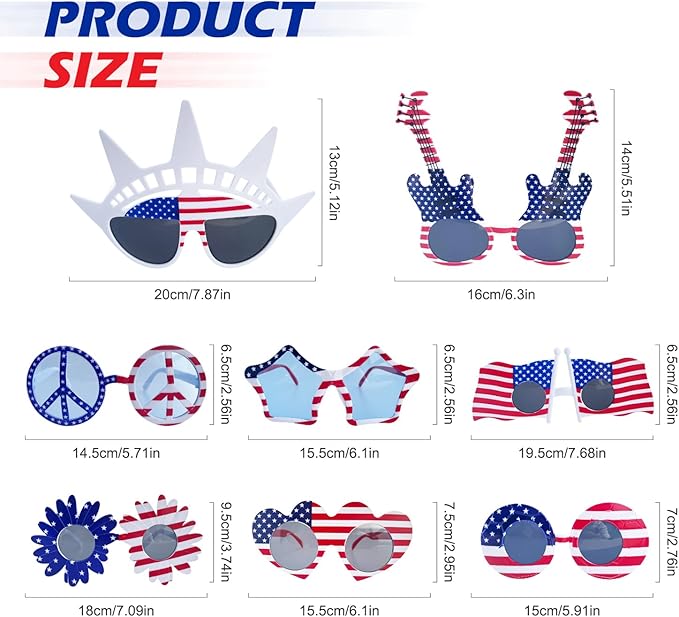 16 Pack American Flag Glasses for 4th of July Party, Patriotic Independence Day Decorations, Red White and Blue Photo Booth Props, Novelty Glasses and Party Supplies