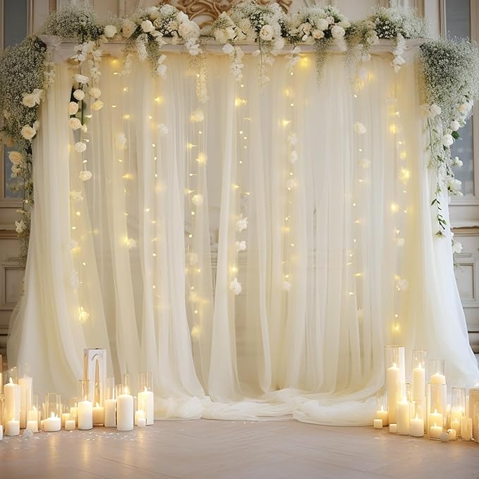 30x10ft Ivory Tulle Backdrop Curtain with Lights String for Parites, Sheer Photo Backdrop Curtains with lights for Wedding Backdrop Ceremony Reception Bridal Shower Baby Shower Birthday Party