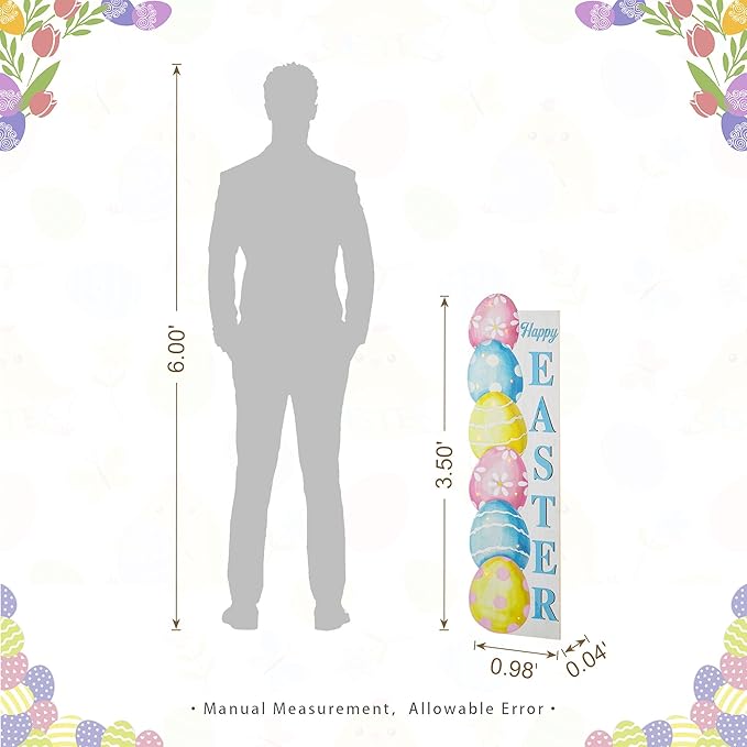 Glitzhome 42" Lighted Wooden Easter Porch Sign with Timer, Stacked Eggs Vertical Welcome Sign for Front Door Indoor Outdoor Spring Easter Party Decor