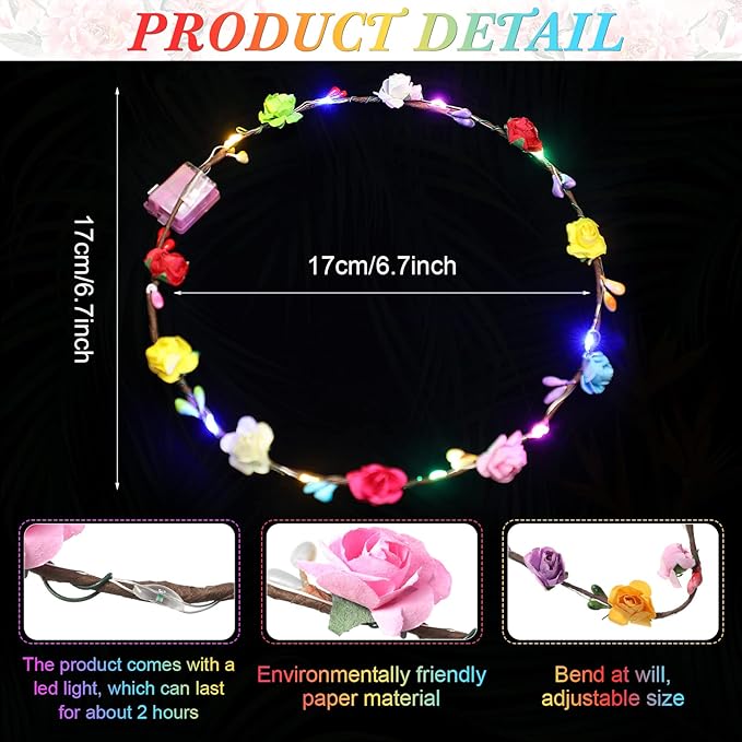 Syhood Valentines Day Gifts, 50 Pcs LED Flower Crowns Headbands, Light up Flower Crowns for Women, Glow in the Dark Headband for Wedding Birthday Mardi Gras Cosplay Princess Party Favors(Rose)