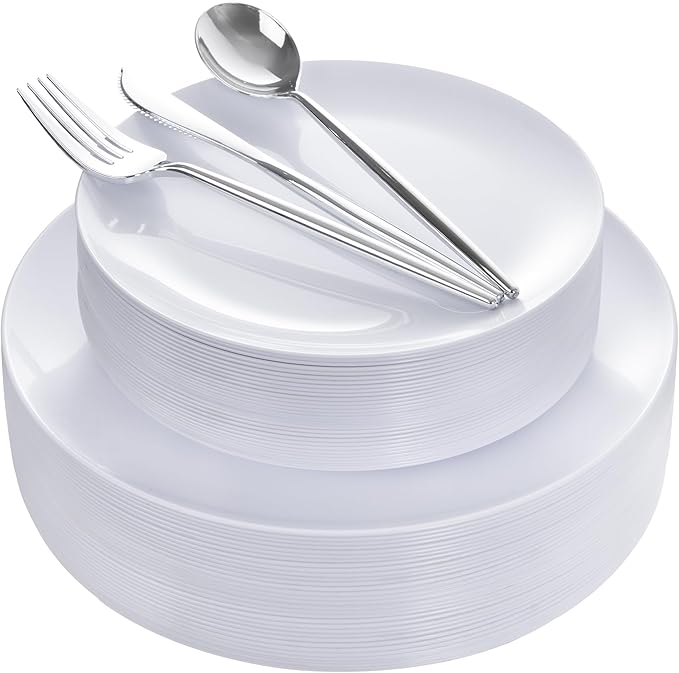 I00000 white Plastic Plates with Disposable silver silverware, disposable plates,nice disposable plates include 30 Dinner plates,30 white dessert plates, 90 Plastic Silverware Set for Valentine's Day