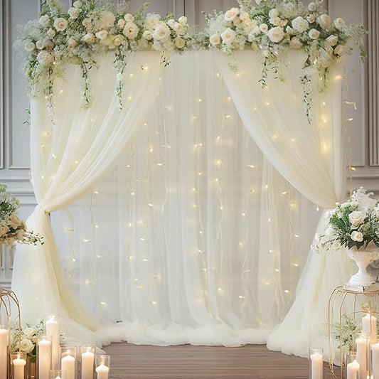 30x8ft Ivory Tulle Backdrop Curtain with Lights String for Parites, Sheer Photo Backdrop Curtains with Lights for Wedding Backdrop Ceremony Reception Bridal Shower Baby Shower Birthday Party