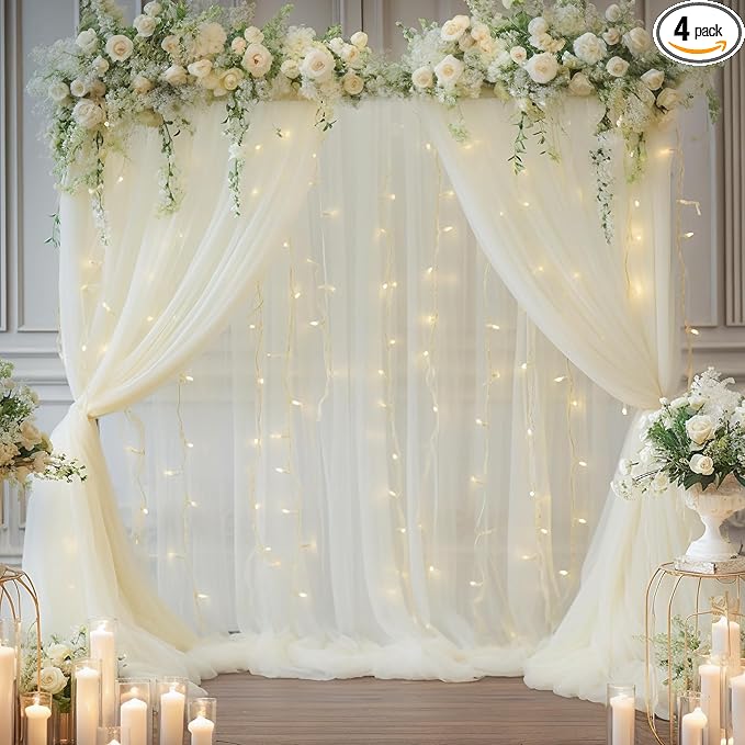 20x8ft Ivory Tulle Backdrop Curtain with Lights String for Parites, Sheer Photo Backdrop Curtains with Lights for Wedding Backdrop Ceremony Reception Bridal Shower Baby Shower Birthday Party