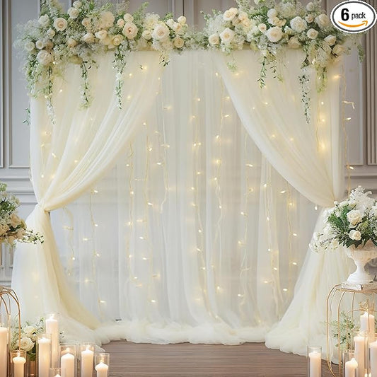 30x10ft Ivory Tulle Backdrop Curtain with Lights String for Parites, Sheer Photo Backdrop Curtains with lights for Wedding Backdrop Ceremony Reception Bridal Shower Baby Shower Birthday Party