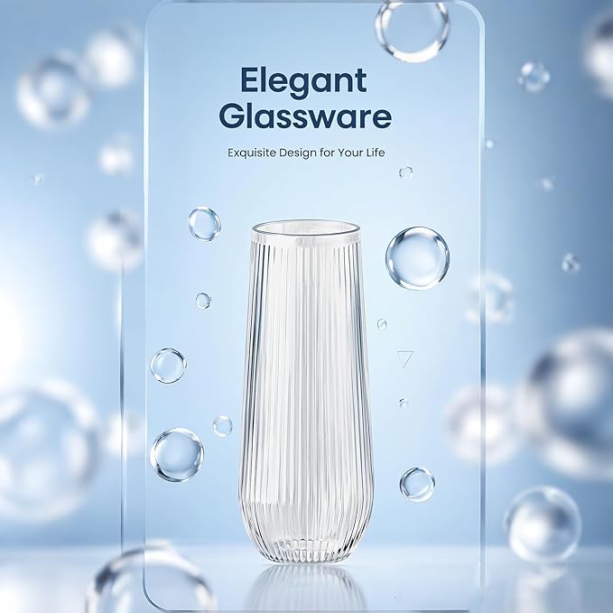 48 Pack Plastic Ribbed Champagne Flutes, 9 Oz Stemless Disposable Clear Plastic Toasting Glasses Shatterproof Recyclable and BPA-Free Perfect For Wedding