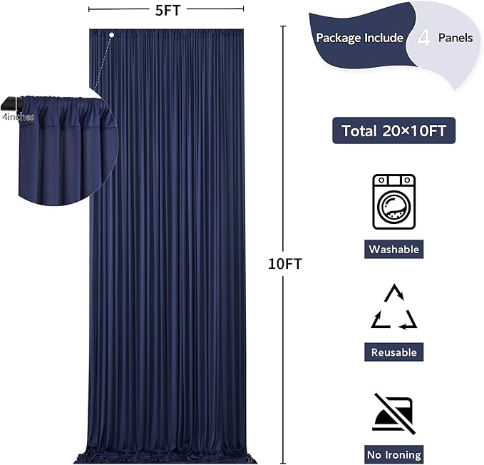 20 ft x 10 ft Wrinkle Free Navy Blue Backdrop Curtain for Parties,Polyester Photo Backdrop Drapes, Thick Background 4 Panels 5ft x 10ft for Baby Shower Wedding Birthday Party Backdrop Stand