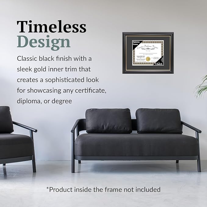 Creative Picture Frames 7.5" x 9.5" Rockefeller Black w/Gold Rim Diploma Frame, Displays 7.5" x 9.5" Certificate or 10" x 12" Document w/o Mat, College Degree Frame, Full-Strength Glass, Black Mat
