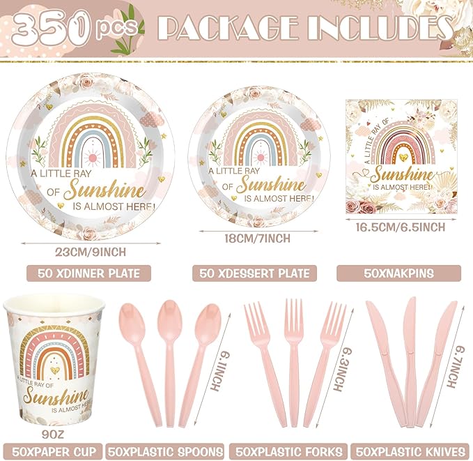 Dandat 350 Pcs Baby Shower Party Supplies Serves 50 Tableware Sets Include Plates Napkin Cup Forks Knives Spoons Disposable Dinnerware (Boho Style,Pink)