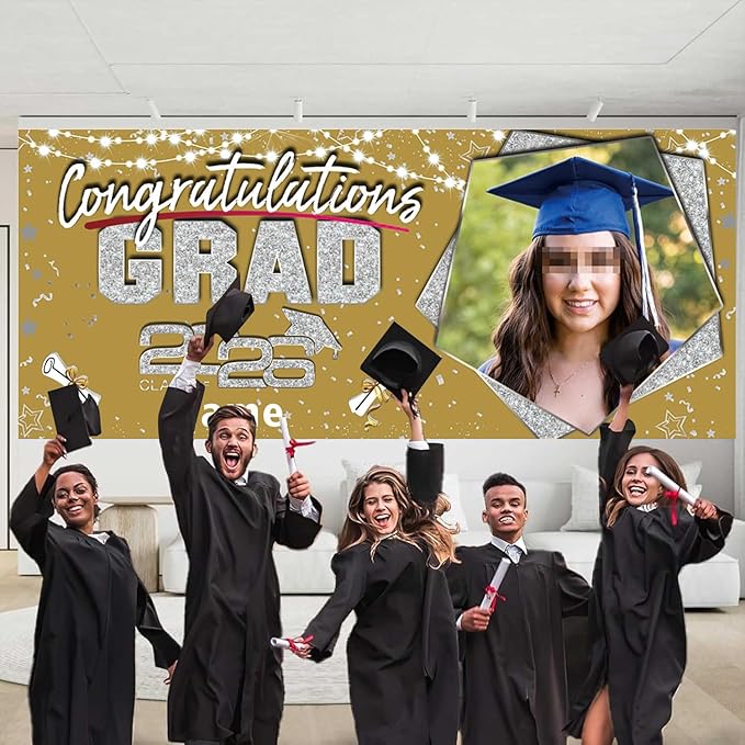 Custom Garaduation Garage Door Banner Cover 16 x 7 ft Class of 2026 Congrats Grad Party Backdrop Personalized Graduation Decoration(Gold and Silver)