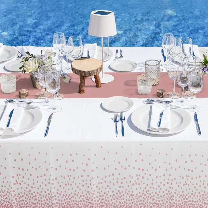MASHAN 24 Pack White and Rose Gold Tablecloth Set - Rectangular PEVA Tablecloths and Satin Table Runners for Wedding, Baby Shower, Anniversary, Christmas, New Year Party