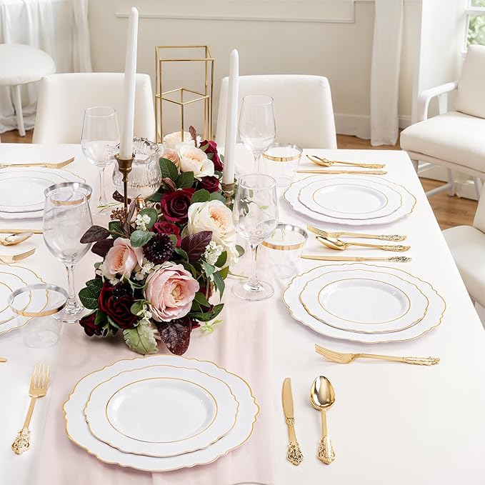 Liacere 700PCS Gold Plastic Plates - Baroque Dinnerware Sets for 100 Guests - 200 Disposable Plates（10inch，7inch）, 300 Gold Plastic Silverware, 100 Cups, 100 Napkins for Wedding & New Year