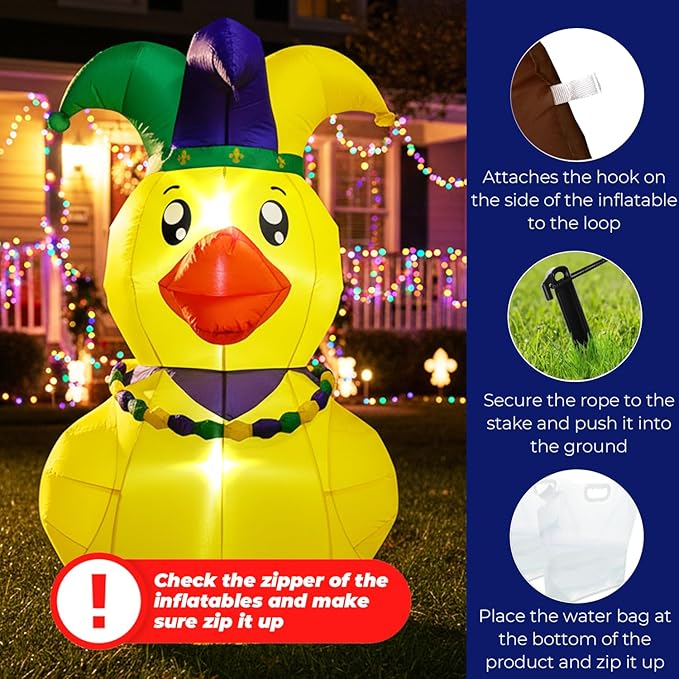 5FT Mardi Gras Duck Inflatable Yard Decorations, Mardi gras Decorations Outdoor with LED Lights, Carnival Duck Blow Up for Lawn and Garden
