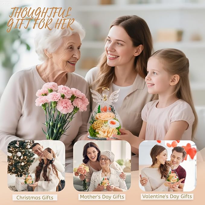 Gifts for Women Valentines Day Flowers for Delivery Birthday Gifts for Mom Grandma Preserved Rose Forever Flower in Glass Angel Figurines Bouquet Anniversary for Wife Sister Mother Friends