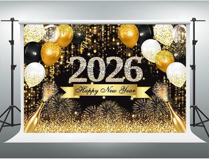 YongFoto 2026 Happy New Year Backdrop 10x8ft Gold Balloons Champagne Fireworks Photography Background Christmas Festival Carnival Family Party Banquet Decor Banner Photoshoot Wallpaper Photo Booth