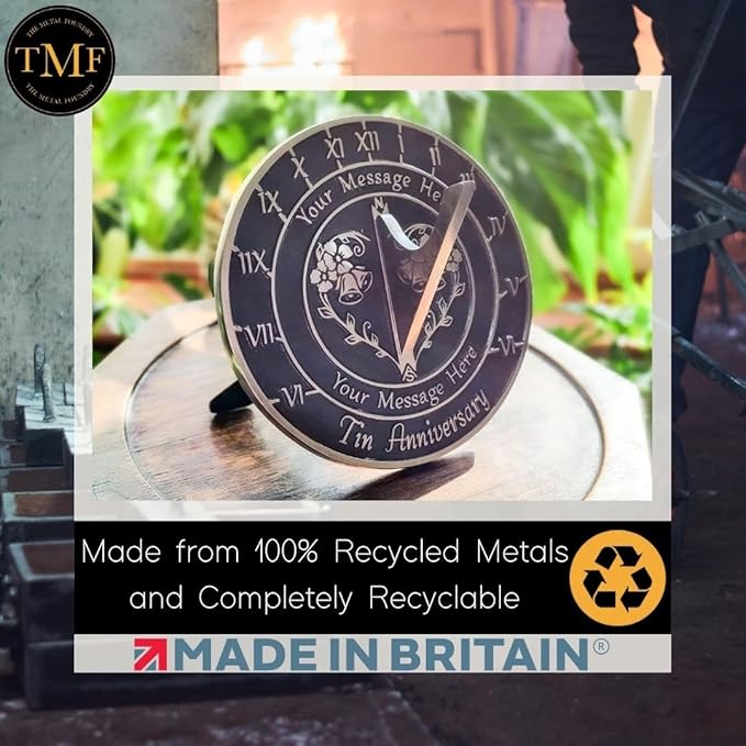 The Metal Foundry Personalized Tin 10th Large Sundial - Recycled Metal Home Decor Or Garden Present Idea Made in The UK for Parents, Grandparents, Friends, Couples On 10 Yr Marriage