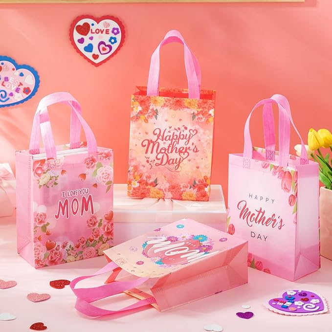 48 Pcs Mother's Day Gift Bags Bulk with Handle Reusable Floral Non Woven Love Mom Treat Goodie Bags Gift Wrap for Mom Grandma Happy Mother's Day Party Favor Supplies