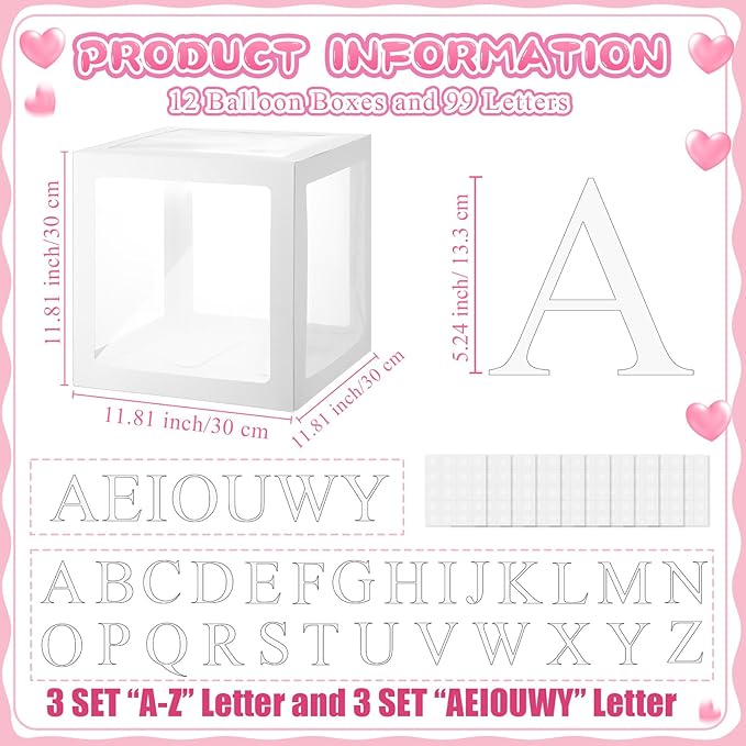 Thyle 12 Pcs Transparent Balloon Boxes Clear Balloon Boxes with 99 Letters for Baby Shower Gender Reveal Grad Birthday Party Bridal Wedding Anniversary Backdrop Decoration (White)