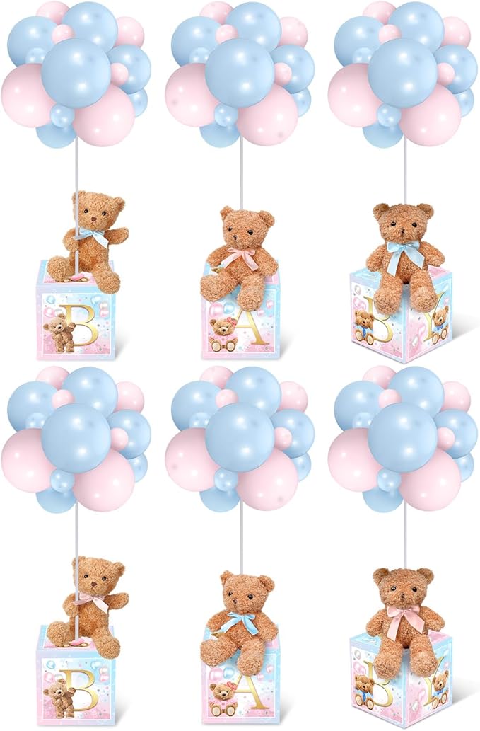Lenwen 6 Sets Baby Letter Boxes Decorations Table Centerpieces for Baby Shower Gender Reveal,Bear Stuffed Animals Balloon with Stand Plush Toy Boxes for Birthday Party Wedding(Bear,Pink Blue)