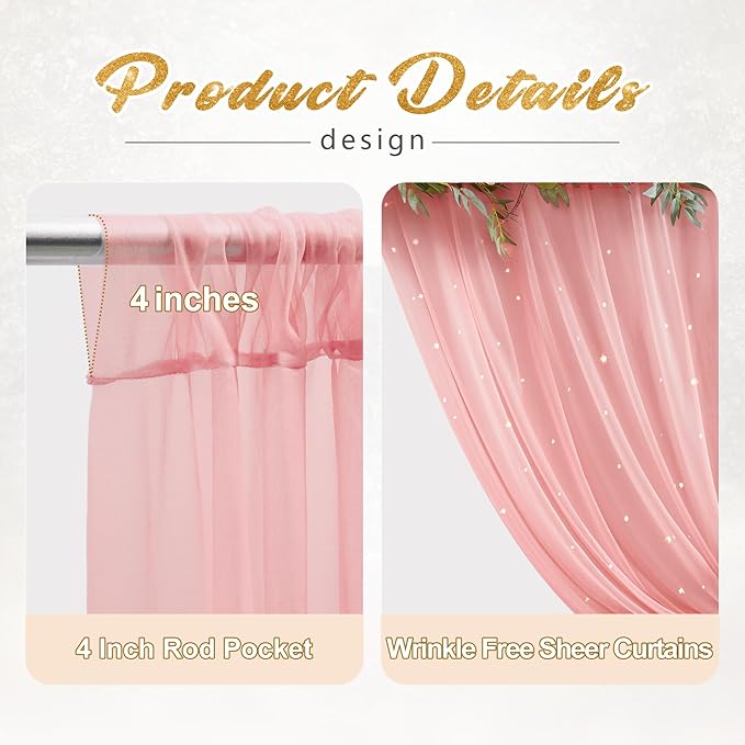 20x8ft Dusty Rose Tulle Backdrop Curtain with Lights String for Parites, Sheer Photo Backdrop Curtains with Lights for Wedding Backdrop Ceremony Reception Bridal Shower Baby Shower Birthday Party