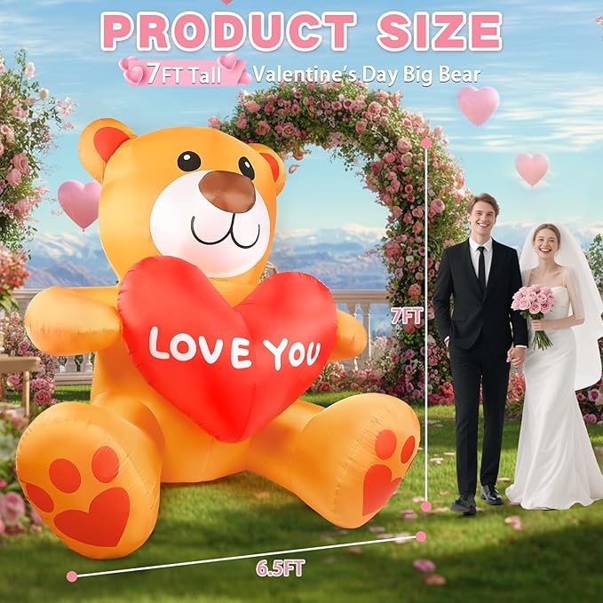 Valentines Inflatables Outdoor Decorations, 7 FT Blow up Valentine's Day Big Bear Yard Decor with Red Heart, Built-in LED Lights Valentine Holiday Decorations for Outside Lawn Garden Wedding Indoor