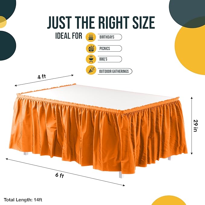 Exquisite Ruffle Table Skirt Orange 48 Pack 14 Ft Long Table Skirts for Rectangle Tables 6ft Plus or Round Tables Skirts with Adhesive Strip for Gender Reveal Decor & Happy Birthday Parties