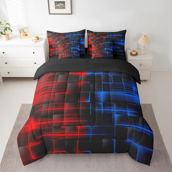 Feelyou Red Blue Bedding Set Twin Size Boys Girls Geometric Strip Lines Comforter Set with Sheets 7 Piece for Bed in a Bag Abstract Modern Bed Set with Comforter,Sheets,Pillowcases