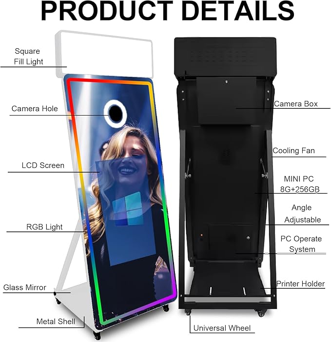 Magic Mirror Photo Booth,Mirror Photo Booth Interactive Touch Screen with Flight Case, Built-in Mini PC with Instant Print and Sharing for Event Party Wedding Rental (White, 32''Screen)