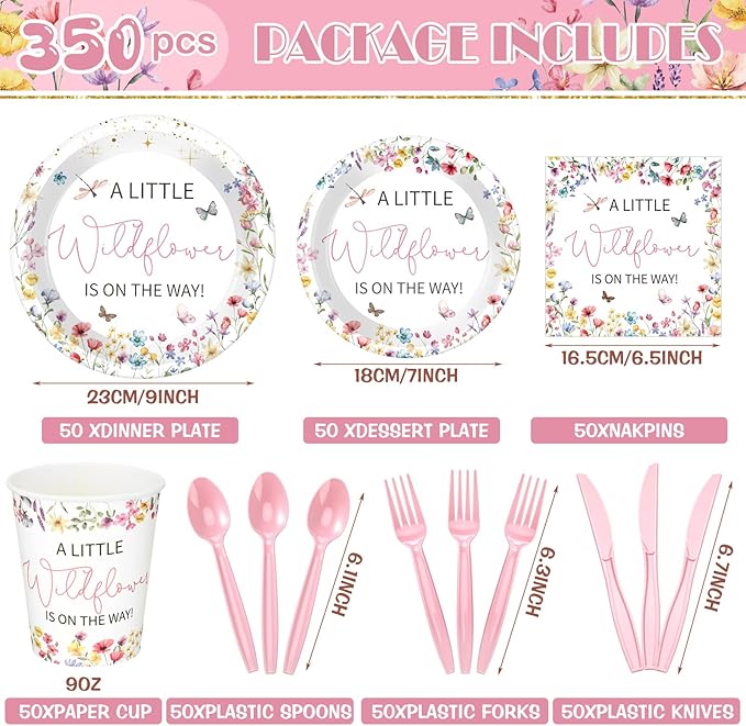 Dandat 350 Pcs Baby Shower Plates Set Baby Shower Party Supplies Serves 50 Tableware Sets Include Plates Napkin Cup Forks Knives Spoons Disposable Dinnerware(Wildflower,Pink)