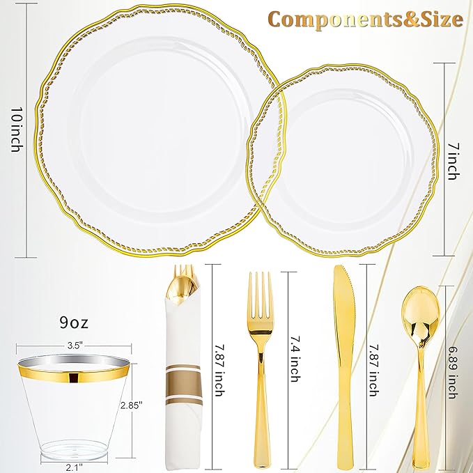 Hioasis 175pcs Clear Gold Plastic Plates - Gold Plastic Dinnerware Set Includes 25 Dinner Plates, 25 Dessert Dinnerware, 25 Cups, 25 Napkins Perfect for Wedding & Party