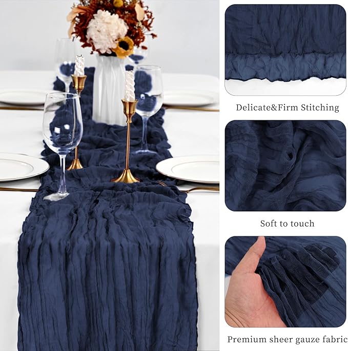30 Pack Navy Blue Table Runner 10Ft Cheesecloth Table Runner Boho Gauze Table Runners Romantic Long Cheese Cloth Sheer Fabric Table Runners for Wedding Party Bridal Shower