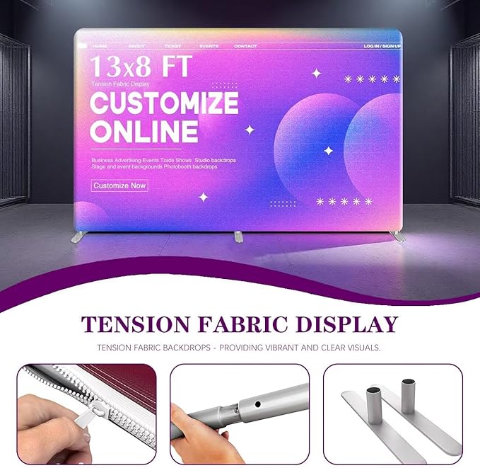 13x8 FT Custom Tension Fabric Backdrop Banner Stand, HD Banner Printing Online Design Tension Fabric Display Stand, Large Portable Trade Show Display Booth for Business, Corporate, Wedding, Mall