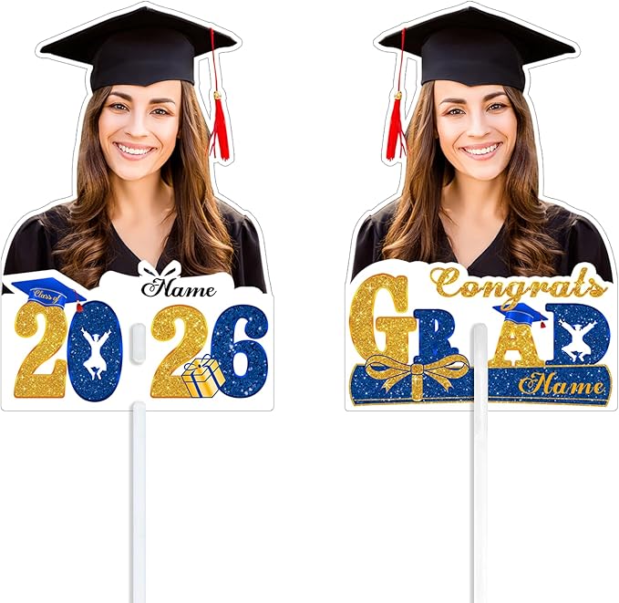 Personalized Graduation Face Fan 2026 Grade Custom Double Sided Face Cutout Fan with Handle Photo Booth Prop Party Supplies(B-Blue and Gold,12pcs)
