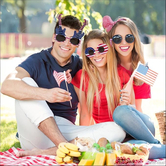 16 Pack American Flag Glasses for 4th of July Party, Patriotic Independence Day Decorations, Red White and Blue Photo Booth Props, Novelty Glasses and Party Supplies
