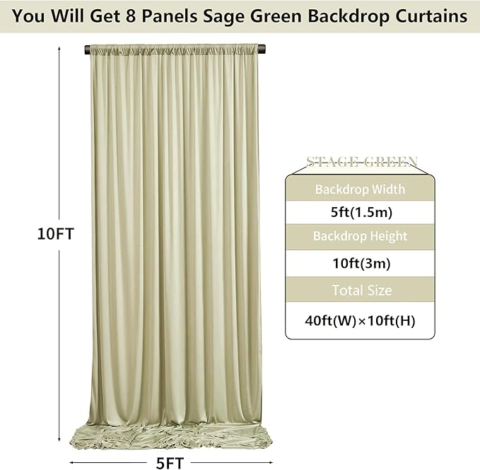 40ft x 10ft Wrinkle Free Sage Green Backdrop Curtains for Parties Weddings, 8 Panels 5×10ft Soft Silk Polyester Photo Backdrop Drapes for Birthday Baby Shower Photo Photography Background Cloth