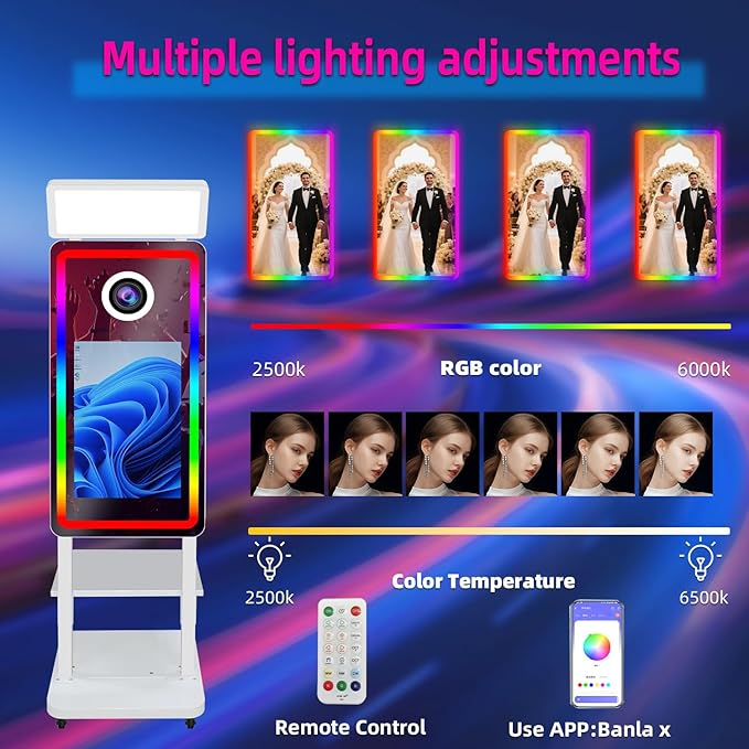 Magic Mirror Photo Booth Machine with Camera, 40in Mirror Photobooth with 21.5" Touch Screen, Built-in Mini PC, with Cooling Fan, for Parties, Birthdays, Trade Shows (White, with Camera no Printer)