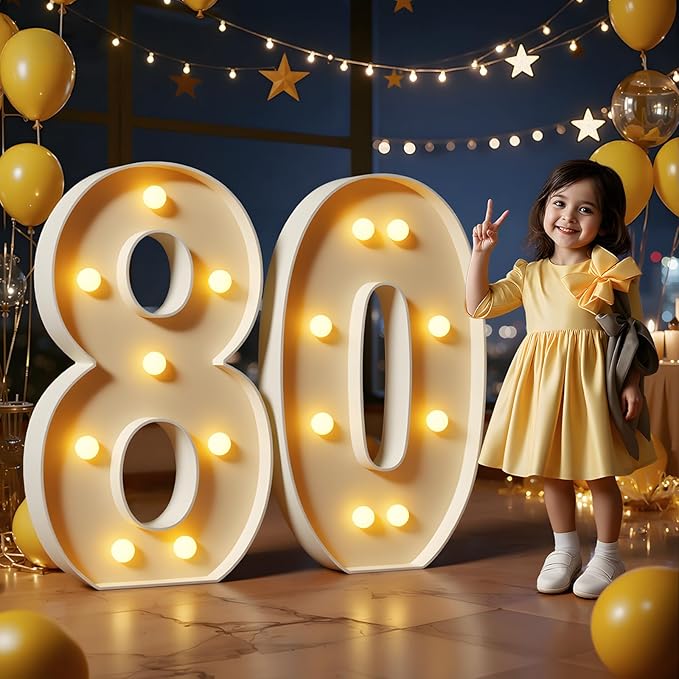 Marquee Numbers 3 Feet Tall Large Light Up Numbers 80th Birthday Decorations Women Men Big Yellow Light Outdoor Anniversary Decorations Balloon Arch Kit Party Backdrop 80
