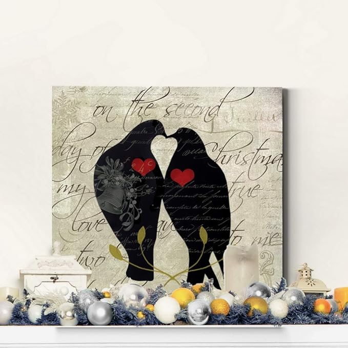 Renditions Gallery Twelve Days of Christmas Wall Art, Two Turtle Doves, Lovely Winter Artwork, Kissing Birds, Premium Gallery Wrapped Canvas Decor, Ready to Hang, 40 in H x 40 in W, Made in America