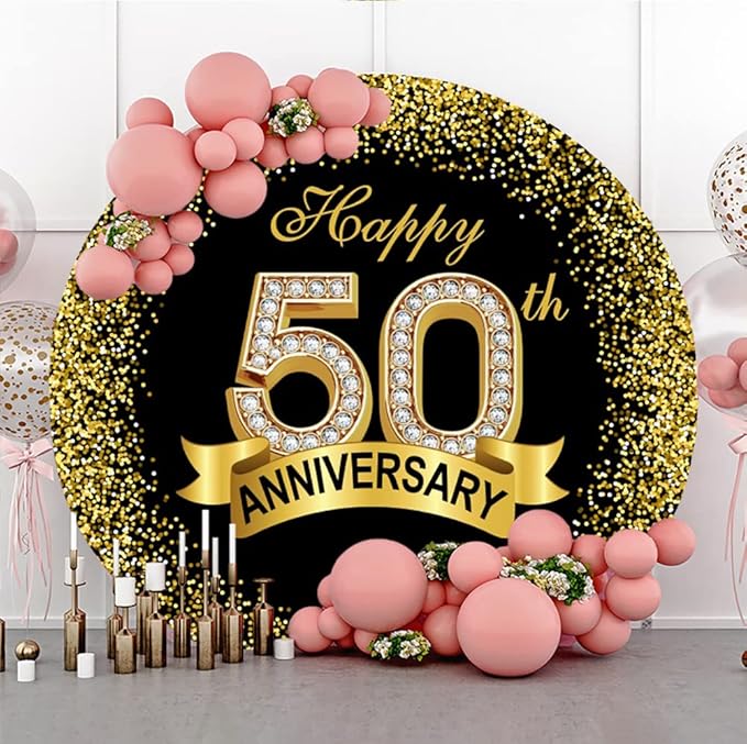 6.5x6.5ft Happy 50th Anniversary Round Backdrop Cover Luxurious Black Gold Happy 50th Years Wedding Anniversary Party Circle Backdrop Background Gold Glitter Diamond Ribbon Decor Banquet Props