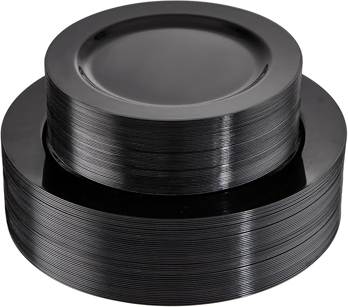 FLOWERCAT 100PCS Black Plastic Plates - Heavy Duty Black Disposable Plates for Birthday Party/Wedding/Father's Day- serve 50guests 10 inch and 7 inch Set