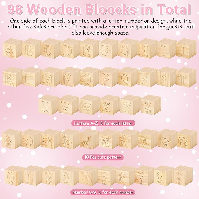Marsui 136 Pcs Baby Shower Blocks to Decorate Game Kit Includes 98 Wooden Blocks, 36 Markers, 1 Game Sign, 1 Storage Box for Baby Shower Gender Reveal Activity Party Decorations(Pink Bow)